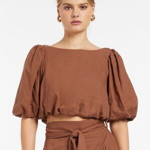 Brown Puff Sleeve Crop Blouse